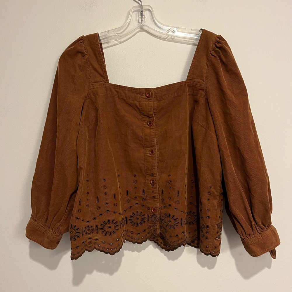 Madewell Shirt Embroidered Eyelet Corduroy Tie-Sleeve Top Brown Square Neck Med - Picture 2 of 8